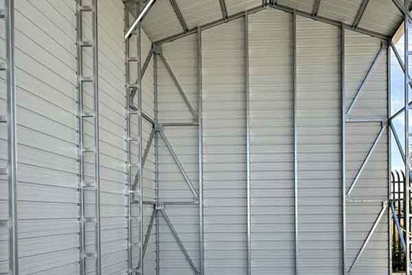 Close view of diagonal bracing connection on steel framing