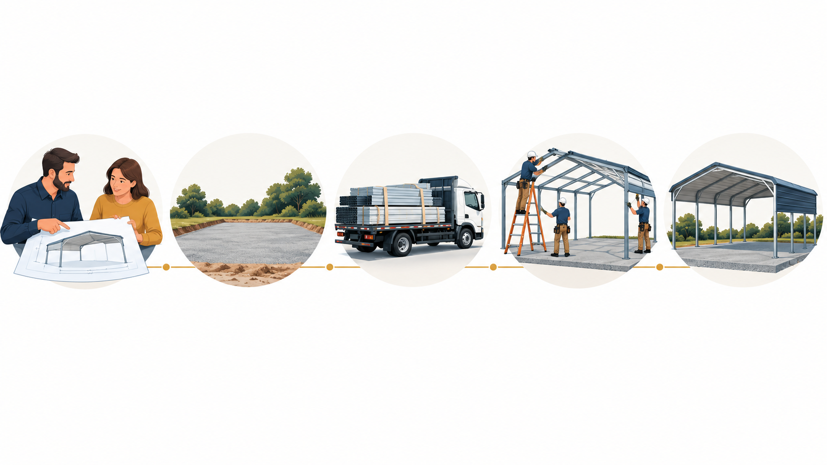Illustrated sequence showing carport planning, site preparation, delivery, and installation