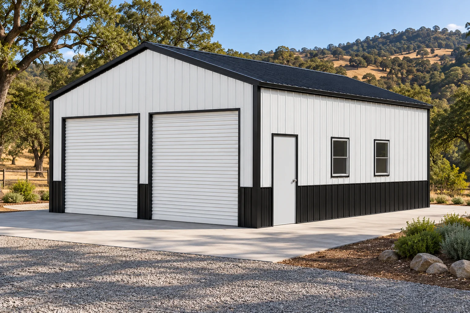 Illustrative view of a white metal garage with two roll-up doors and side windows