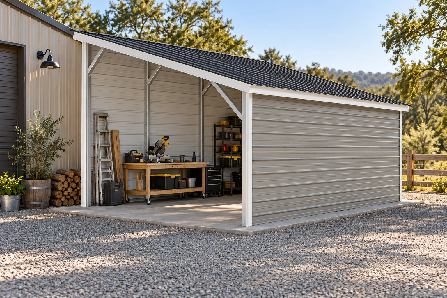 Illustrative view of a single-slope metal lean-to covering an outdoor workshop area
