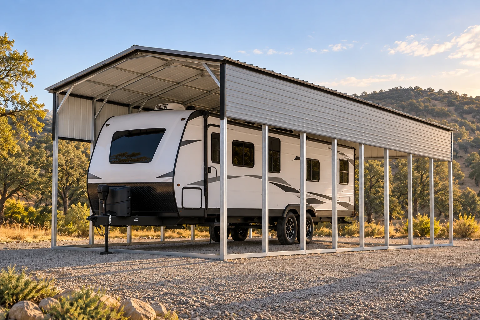 Illustrative view of a covered RV under a vertical roof carport with side panels