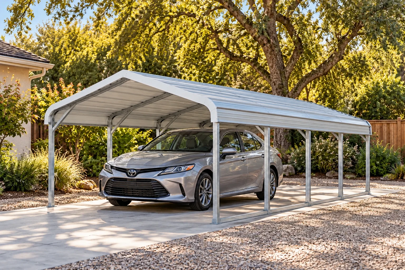 Illustrative view of a regular roof carport with evenly spaced steel posts and a sedan